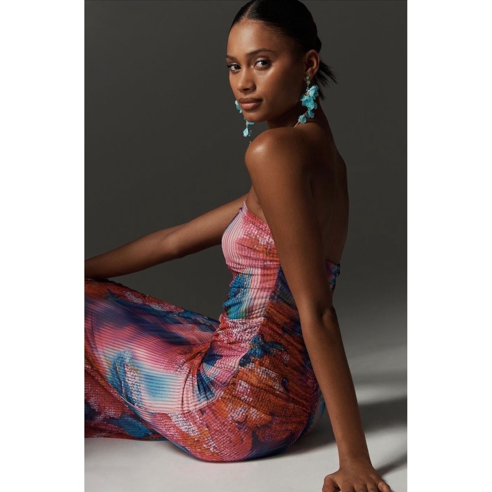 ANTHROPOLOGIE New‎ Soleil Slim Strapless Midi Dress MEDIUM Ruched Mesh Floral - Picture 6 of 9